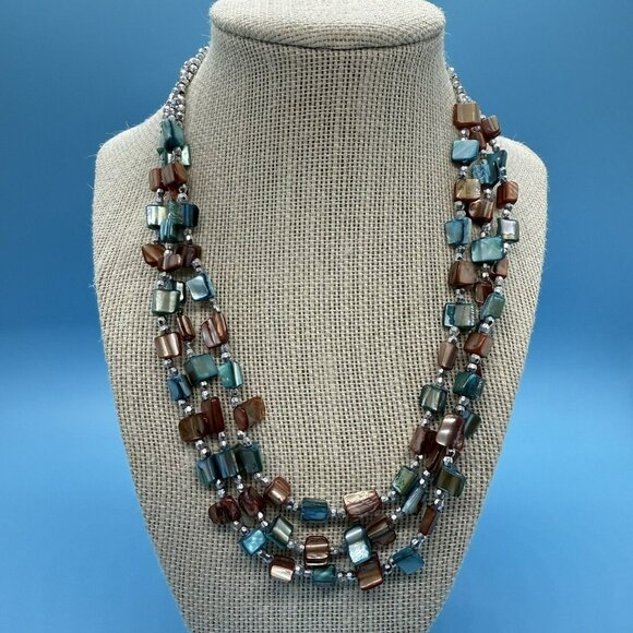 GORGEOUS Blue Brown Silver Beaded Multi Strand Vintage Necklace 16” Statement‎ - Picture 1 of 3